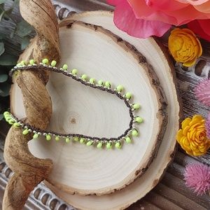 Bohemian Crochet Necklace, Neon Yellow, Brown & Silver Handcrafted by Rust Belt…